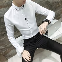 Crzen 남자 자수 긴팔 셔츠 스판 슬림 셔츠 23N518