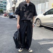 남성 여름 얇은 기능성 윈드 포켓 반팔 점프슈트 오버핏 캐주얼 스트랩