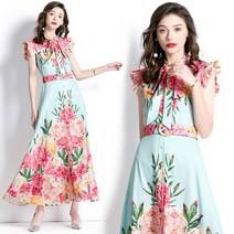 여성 봄여름 궁중풍 쁘띠 플라잉 소매 롱 원피스 화사한 빈티지 플라워 A라인 스커트