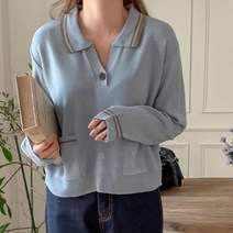 옷자락 여자 미니포켓 줄무늬 버튼 오픈카라 세미 크롭 니트