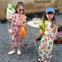 돌 아기 유아동 키즈 주니어 여자 아이 여름 자매룩 라운드넥 베이지색 핑크색 꽃무늬 패턴 민소매 나시 반팔 티셔츠 고무줄 얇은 긴 바지 조거 팬츠 상하 세트