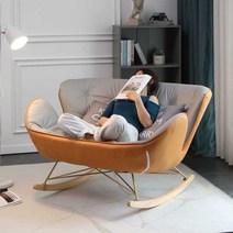 북유럽 흔들의자 더블안락의자 발코니의자 2인용, 오렌지 격자 + 페달 (인형 솜 충전재)