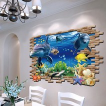 3d 포인트 접착식 벽지 인테리어 테코 스티커 3D 입체 벽 스티커 그림 아이디어 거실 식당 벽지 자기 부착 장식품 숙소 침실 침대 머리맡 바다 신문지, 01 특대, 10 해저세계