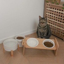 고양이 식기 원목 식탁 1구 2구 도자기 그릇 높이조절 가능, 대형 도자기 식기+대나무 2단 받침대