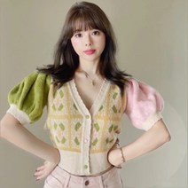 배색브이넥플라워벌룬소매반팔니트가디건여
