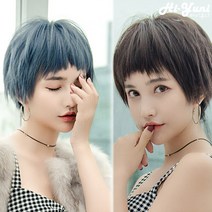 하이유니 처피뱅 숏컷 헤어 짧은머리 단발 통가발 가발 28cm + 거치대 세트, 브라운블랙 / 28cm