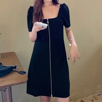 (L4XL) 빅사이즈 여름 블랙원피스 스웨어넥원피스 집업 H라인 결혼하객룩 걸크러쉬
