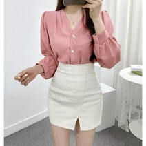 HB0118. 여리 어깨 핀턱 셔링 퍼프소매 브이넥 블라우스