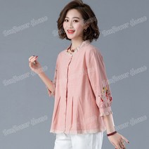 여성 여름 7부 슬리브 자수 린넨 블라우스14