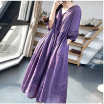 여름 레이스 원피스 느슨 리넨 원피스 미디 원피스