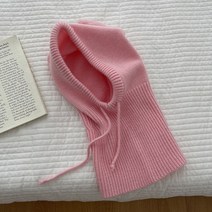 후암마켓 여성 니트 끈 바라클라바 무지 후드워머, 핑크