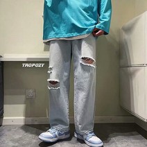봄과 여름 찢어진 청바지 남성 스트레이트 루즈 인 레트로 하이 스트리트 트렌드 팬츠