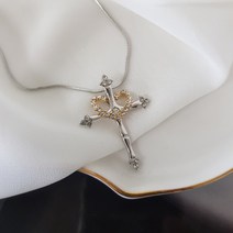 엔틱 투톤 매끈 십자가 큐빅 하트 팬던트 오메가 체인 목걸이