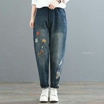 마마제이 여성의류 중년여성옷 40 50대 엄마옷 선물 가을 꽃 자수 나염 스판 밴딩 배기 청바지 빅사이즈 편안한 마담옷