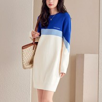 넷투넷코리아 여성 라운드넥 루즈핏 미디 니트 원피스 캐주얼 배색