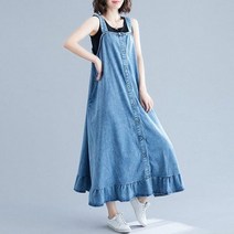 멜빵 롱 청치마 청 원피스 뜬 데님 여름 코튼 린넨 오버핏 세로 브레스트 여성 카우보이 선드레스 가운 643