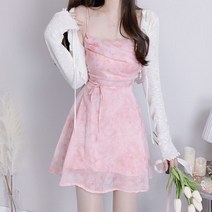 벚꽃 허리 끈 리본 뒷 트임 A라인 수채화 플라워 쉬폰 뷔스티에 원피스