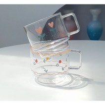 빈티지 플라워 레터링 유리 머그 컵 1+1 2개, 잔꽃, 하트꽃