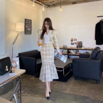 체크패턴 머메이드 롱 원피스