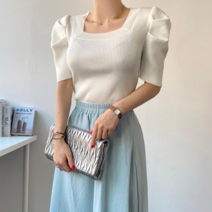 [에이스토리] 슬림핏 퍼프 골지 스퀘어넥 기본 단가라 반팔니트 티셔츠