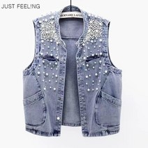 JUST FEEL!NG 와이드핏 청조끼 민소매 여성가디건 빅사이즈 베스트 예쁜 데님 코트 포켓 싱글 단추