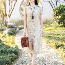 POMTOR 여름 오버사이즈 여성 면 린넨 반팔 플라워 차이나 원피스