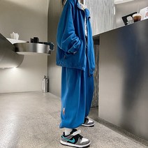 ins 트레이닝 세트 남녀 도톰 후드 자수 와이드 조거팬츠+코트 커플룩