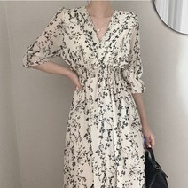 우아하고 세련된 빈티지 A 라인 슬림한 허리 밴드 드레스 여성용 한국 패션 의류 시크한 V 넥 롱 복고풍