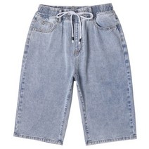 남자청반바지 와이드 흑청 데님반바지 빛 색상 데님 반바지 남성 탄성 허리 디자인 편안한 스트레이트 짧은 청바지 블랙