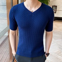 남자티셔츠 반팔 봄여름 얇은 브이넥 슬림 니트