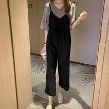 여자 와이드팬츠 7부 멜빵바지 티셔츠세트 점프슈트 블랙 8부 배기바지 여성팬츠 당일배송