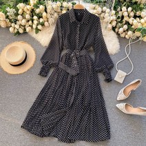 봄과 여름 프랑스어 빈티지 맥시 드레스 2021 SUNDRESS 숙녀 긴 소매 오렌지 폴카 도트 쉬폰 PLEATED 드레스 FEMME 가운