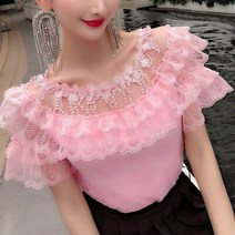 여름 여성 꽃 레이스 블라우스 탑스 중공 슬래시 넥 프릴 셔츠 여성 반팔 술 메쉬 블라우스 blusas ab1409