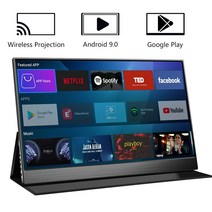 포터블 모니터 15.6 무선 터치스크린 스마트 휴대용 안드로이드 9.0 iptv 구글 플레이 앱 스토어 블루투스 원격 제어 음성 비서 서브 모니터, 터치 스크린, au 플러그