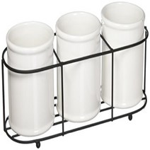 Creative Co-Op Set of 3 White Ceramic Crocks in Black Metal Holder, 1