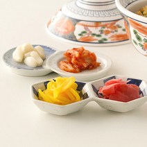 AT 일본풍 2구 도자기종지 원형 육각 소스볼 반찬종지, 빗살 이절종지