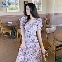 셀럽당 퍼플 플라워 원피스 여 여름 미디 트임 스커트