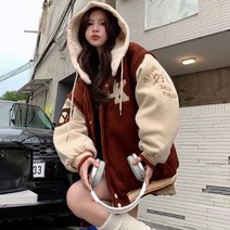 여성야구점퍼 남자 여성 봄 항공 점퍼 자수 후드 야구 유니폼 여성 겨울 2023 신입생 커플 아메리칸 레트로