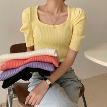 스퀘어넥 골지 퍼프 크롭 반팔 여성 니트 티셔츠 이너