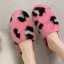 여성용 표범무늬 겨울 가을 예쁜 거실 퍼 슬리퍼 핑크