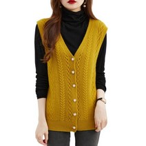 여성 100% 메리노 울 스웨터 조끼 V넥 단추 민소매 저지 니트 카디건 빈티지 가을 겨울