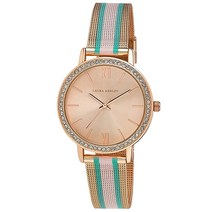 Laura Ashley 여성용 36mm 크리스탈 베젤 그린 스트라이프 럭비 메쉬 스트랩 시계