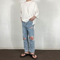남자 여름 세미와이드 부츠컷 디스트로이드 무파진 연청 찢어진 명품 청바지