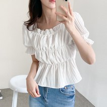 [파인스토리]은은한 컬러감 스퀘어넥 트리플 셔링 주름 반팔 큐티한 블라우스