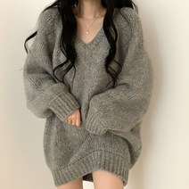 겨울 여성 니트티 오버핏 니트원피스 브이넥 맨투맨 롱니트 긴팔티 무지