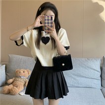여름 학원풍 달콤한 코디 세트 하트 티셔츠 플리츠 스커트 투피스 여자