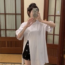 안나리야 루즈핏 옆 트임 레이스 반팔 화이트 롱 티 셔츠 SH