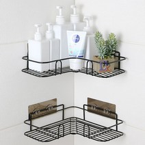 Threeofus 접착식 코너선반 욕실 주방 화장실 벽 선반 부착형 철제 바구니 블랙 화이트, 2개