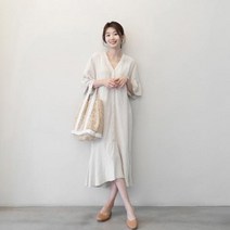 [실버캣] 여성 빅사이즈 루즈핏 프릴 브이넥 롱 원피스