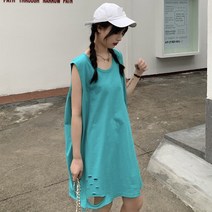 여성 롱 루즈핏 찢어진 데일리 츄리닝 민소매티 반팔티